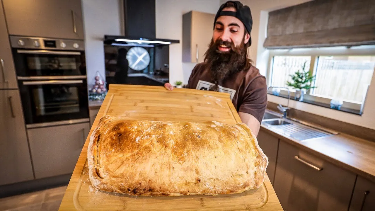 Thumbnail for the Christmas Leftovers Calzone Challenge at Beard HQ video